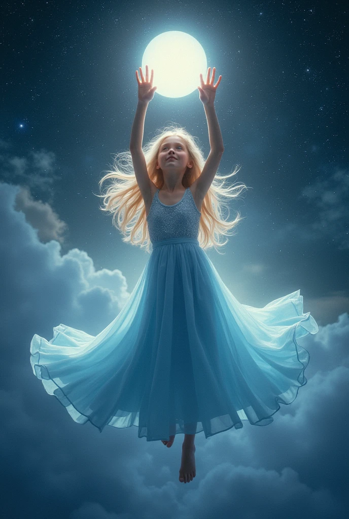 A blonde girl in a sky blue dress, enveloped in a silver light, levitating in space while levitating a bright white sphere in her hands.