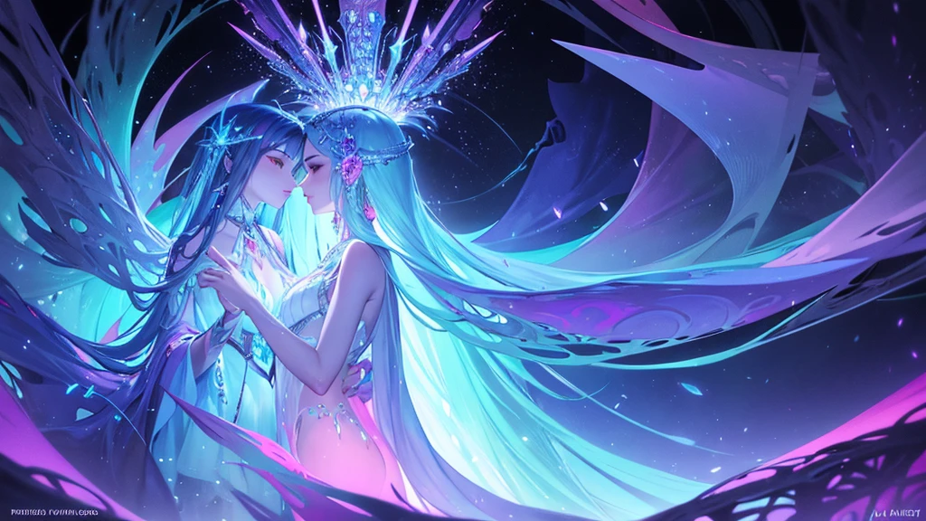 A stunning surreal illustration featuring an Aztec queen and her mist-shrouded vampire kingdom, rendered in mesmerizing bioluminescent neon watercolor hues, reminiscent of an ethereal dreamscape, bathed in a canvas of crystals, evoking an air of mystical opulence. The ancestral silhouette portrait, glows with an otherworldly luminescence, radiating an aura of enchantment. This ultra-high-resolution masterpiece embodies a harmonious blend of mystical realism and fantasy, pulsating with iridescent hues of blue, violet, and green, inviting the viewer to step into her mystical realm.