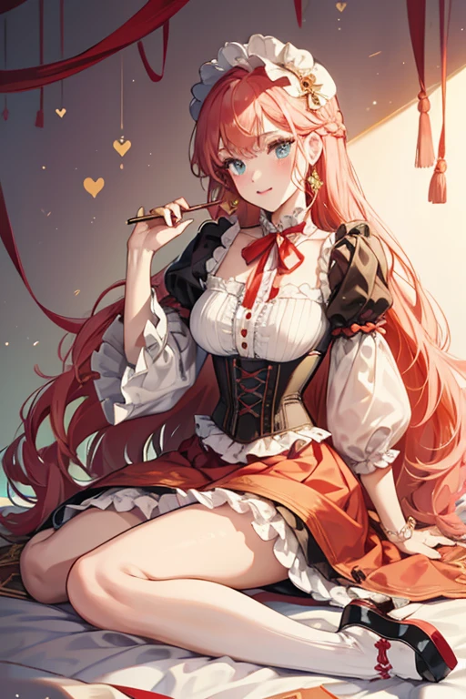 This version of Spaghetti Sue has peach lipstick, pale peach blush, and peach eye-shadow. Her eyes and hair are the same color, but her hair is worn loose with several long curls on the right of her head and her bangs brushed to the right tucked beneath them. Across her head is a braid, and she wears a red headband with two noodles shaped like a heart and four large teal leaf. She wears a white blouse with a black corset held by teal string. The neck and sleeves have red detail to match her ruffles skirt, which has a gold noodle pattern and frilly white petticoat. Her shoes are gold with ribbon on the toe and a light red sole with curled designs. SPARKLE; GLITTER