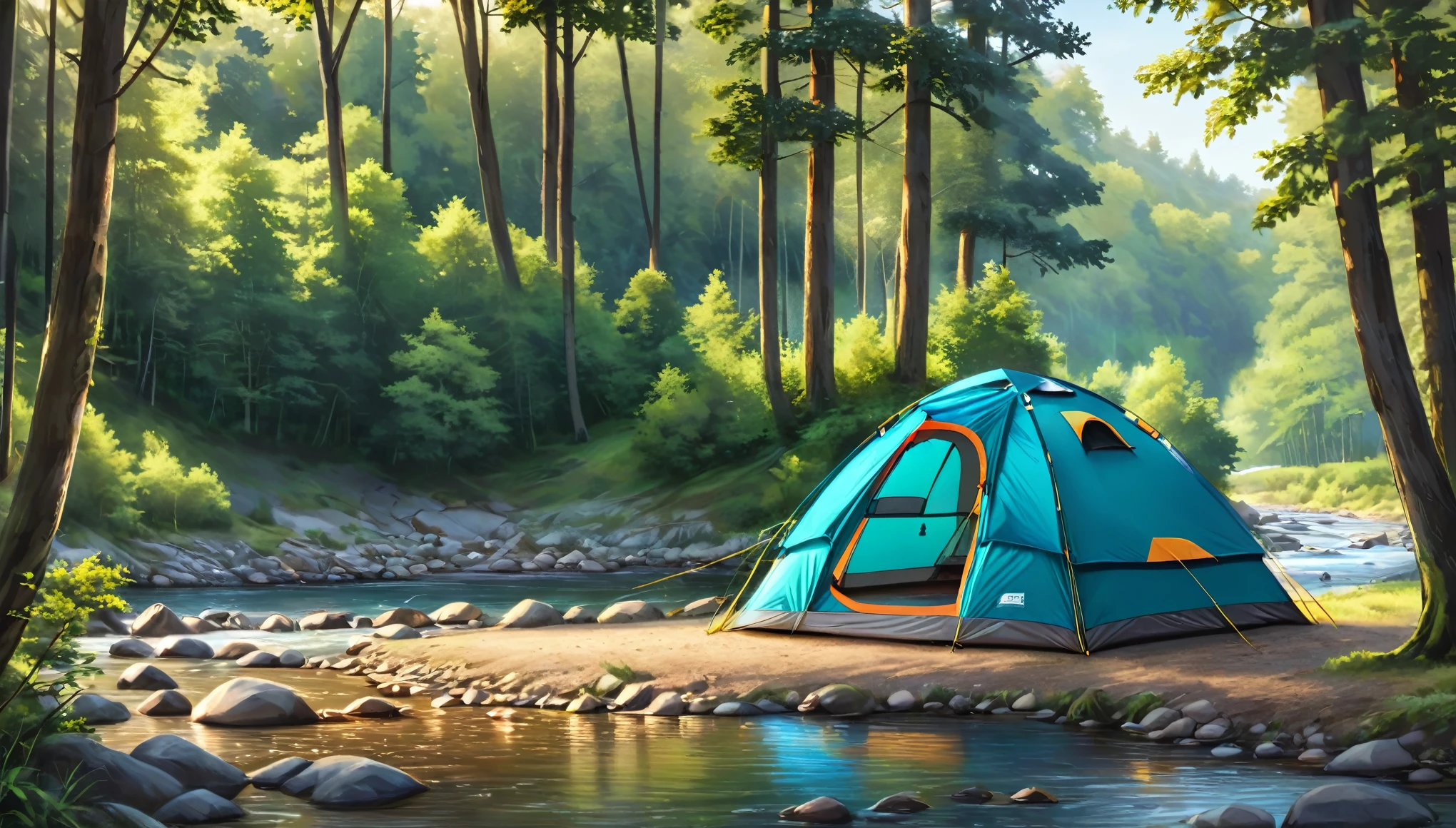 there is a tent pitched up on the bank of a stream, camping, against the backdrop of trees, next to a small river, tent, setting in nature, next to a river, campsites, by Muggur, evening!! in the forest, near a river, beside the river, near a small lake, nestled in a forest, in the middle of a forest