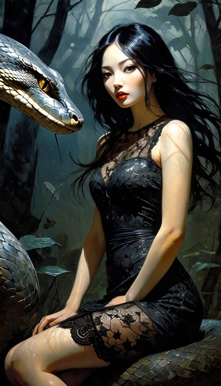 girl and giant snake,forest, calm, night, moons, stars, eroticism,long black hair, korean face features, sexy, sexy lace dress, black and white image, between shadows, oil painting, chiaroscuro, sensual, dramatic lighting, moody atmosphere, photorealistic, intricate details, masterpiece, ultra-detailed, high quality, 8k, best quality, realistic, cinematic, dark and brooding, expressionistic, powerful composition, emotional impact, {{{,{pussy,spread her pussy,cum,cum on pussy,masterbation,straddling,y}}},cute,ultra detailed skin,sketch}}}, ,}}}, art inspired by Bill Sienkiewicz and Dave McKean (best quality, 4k, 8k, high resolution, masterpiece: 1.2), ultra-detailed, (realistic, photorealistic, photorealistic: 1.37), details intricate, vivid colors, sharp focus, professional, Dave McKean artwork, surrealism oil touch, oil painting style, portrait, woman, beautiful detailed eyes, beautiful detailed lips, dreamy atmosphere, shadow play, lighting soft, fun pose, dark tones, ethereal background, fantasy elements, texture, layered composition.