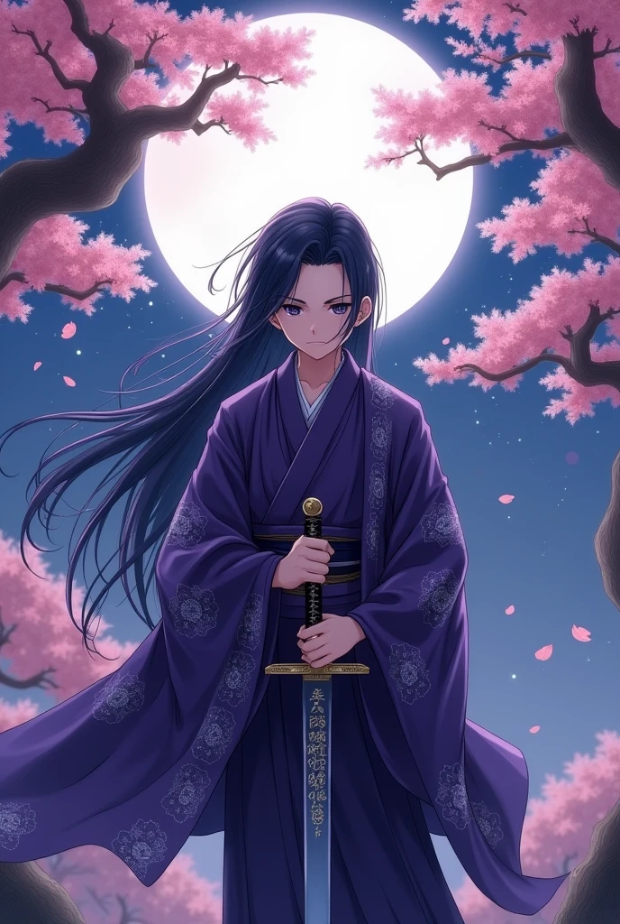 Make a boy with long hair like Yoriichi, com kimono roxo e Haori roxa, in an anime form based on Demon Slayer, What is a moon breathing user, human hunter. They appear to be 20 years old