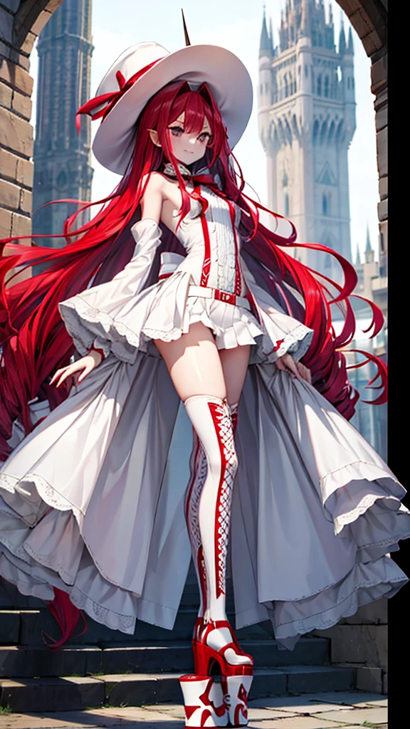 Red long hair girl，vampire，Chest，Bare Arms，White Hat，White mini skirt，Bare Legs，Platform shoes，Standing，Medieval European castles