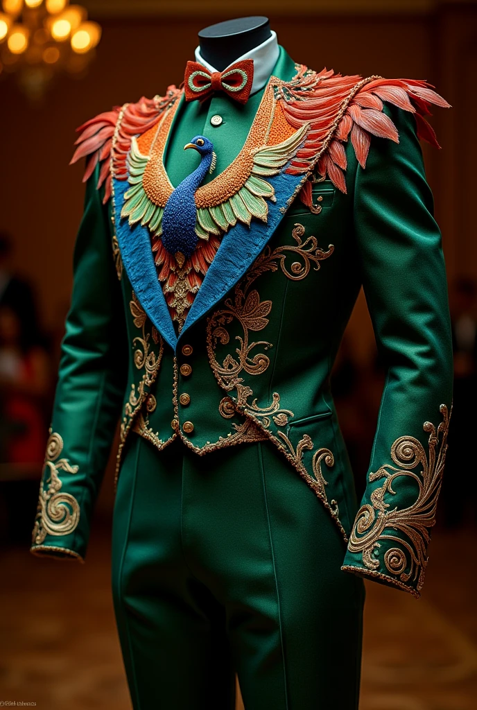 I need a suit with an elegant quetzal on it. , that it is comfortable to dance, add details of the quetzal's color and also gold