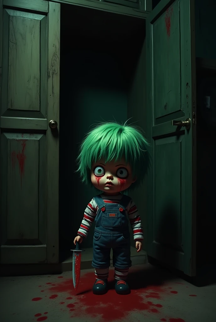 Midoriya Izuku doll, Midoriya Izuku is holding a knife, the doll is covered in blood, the doll is peeking out of a dark closet, there is blood at the doll's feet.