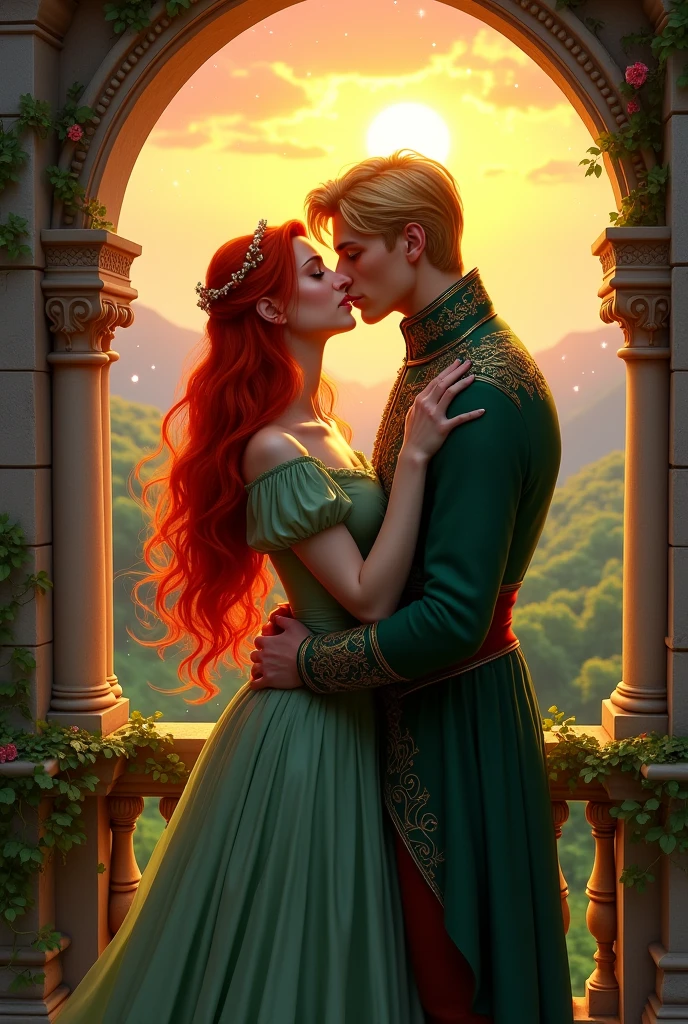 Red-haired princess kisses blonde prince on the balcony of a castle room