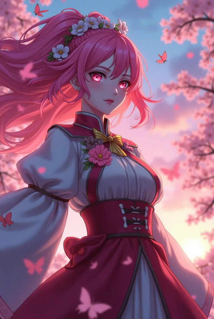 OC Kimetsu No Yaiba, female, 20 years old, Flower Pillar, pink hair, with butterflies, wearing Demon Slayer Corps uniform