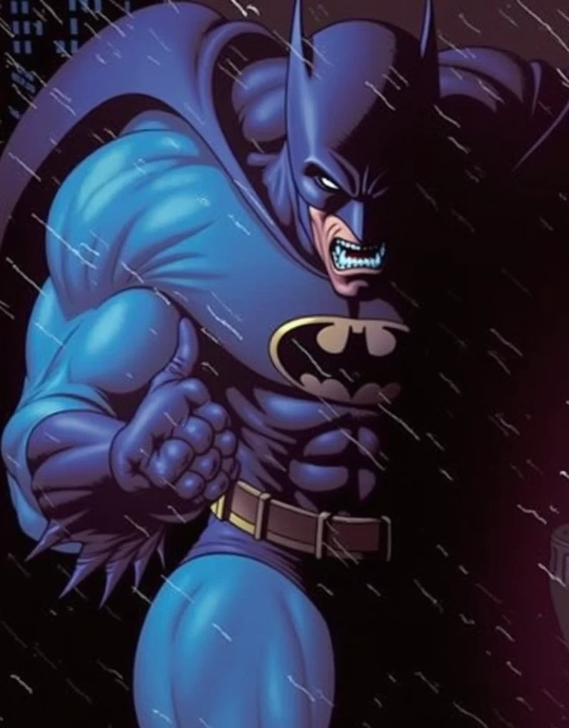 Muscular Batman in torn black uniform and gnashing teeth in anger under heavy rain