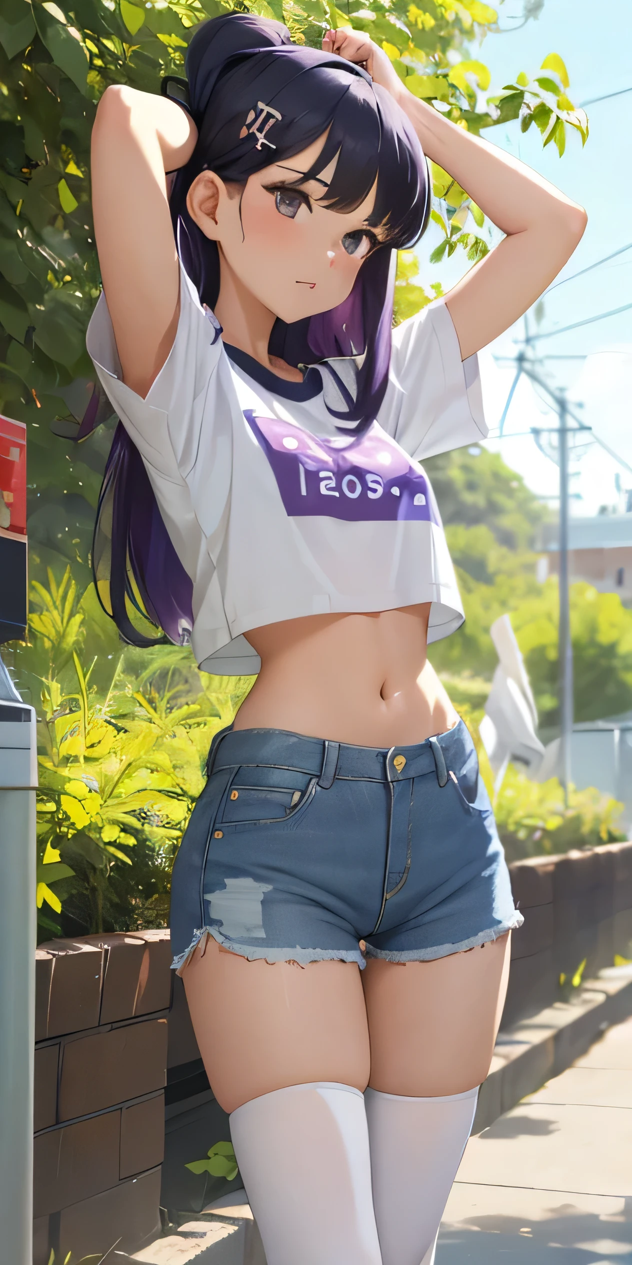 1girl, solo, ((Komi Shouko)), long hair, breasts, looking at viewer, blush, bangs, shirt, purple hair, hair ornament, thighhighs, navel, closed mouth, purple eyes, standing, full body, white shirt, short sleeves, thighs, outdoors, shoes, shorts, day, hairclip, midriff, black thighhighs, stomach, arm up, crop top, short shorts, white footwear, denim, sneakers, blue shorts, denim shorts, hand on own head, crop top overhang, cutoffs