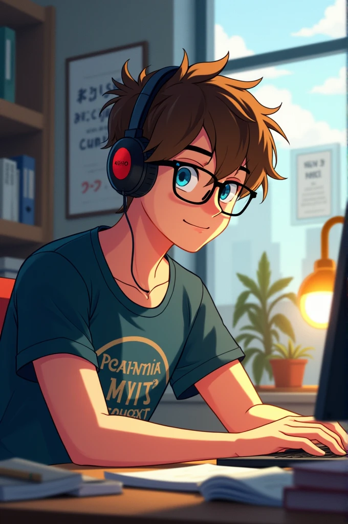Chico is an anime character with brown hair, glasses, profiled nose, blue eyes, high, thin but with some muscle, sitting at a desk studying on a computer with headphones
