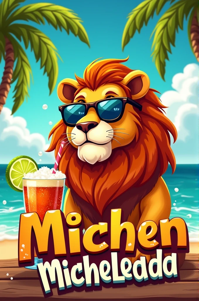 Make me a lion logo wearing glasses and enjoying micheladas, with the text 'MicheLeon'