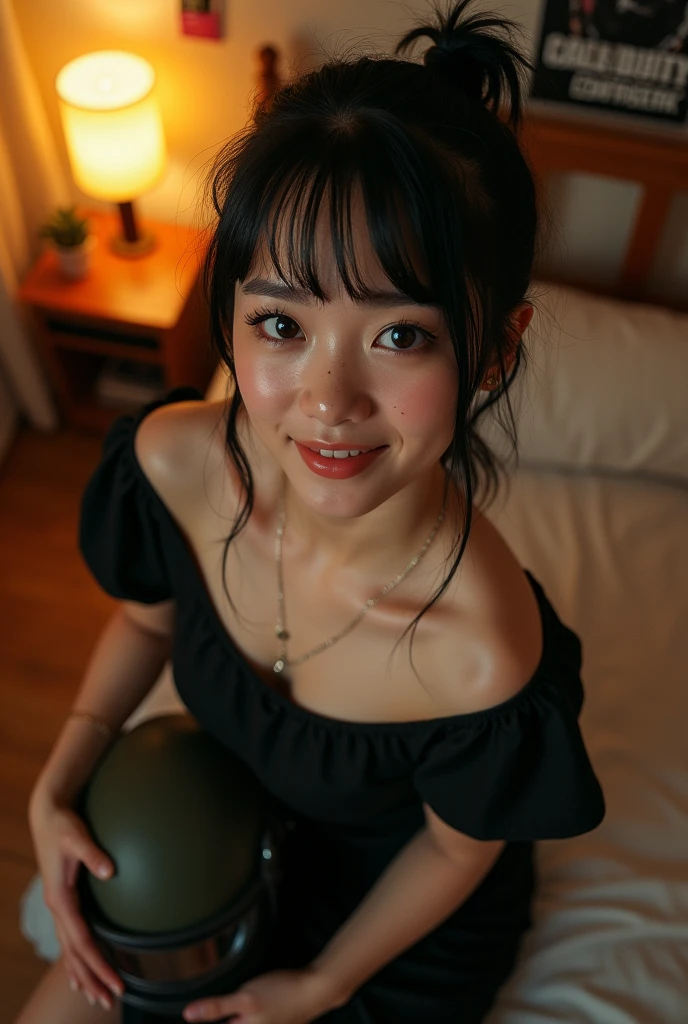 (semirealism:1.2), shoot from the upper angle, inside apartment, bed in the background, COD game poster on the background, golden hour, beautiful woman, freckles on face, pale skin, jet black hair, ponytail without bangs, short ponytail, black eyes, wearing black milkmaid dress, warm color, cheerful face, youthful face, holding a wet black t-shirt in one hand, holding a military helmet on the other hand