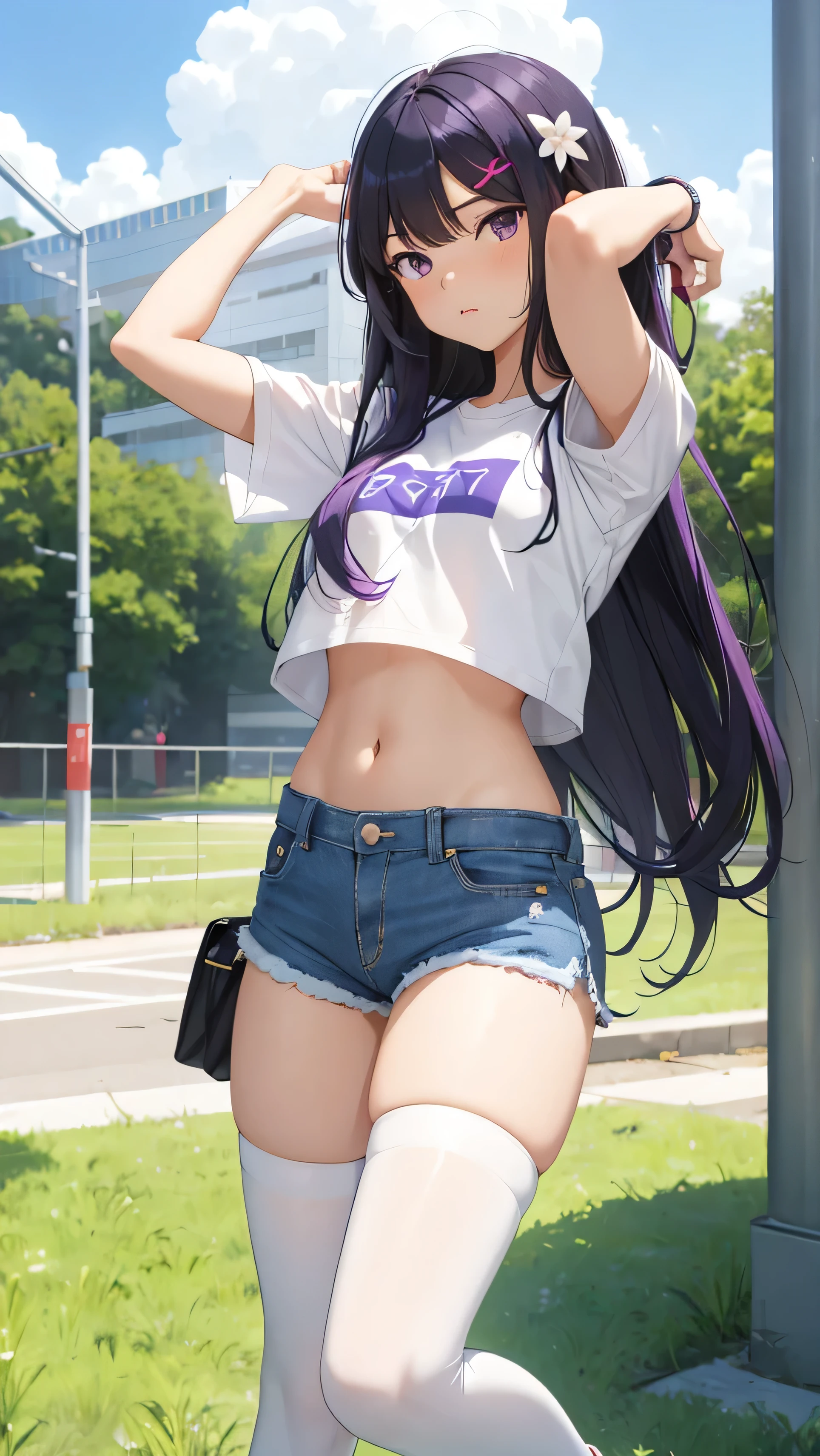 1girl, solo, ((Komi Shouko)), long hair, breasts, looking at viewer, blush, bangs, shirt, purple hair, hair ornament, thighhighs, navel, closed mouth, purple eyes, standing, full body, white shirt, short sleeves, thighs, outdoors, shoes, shorts, day, hairclip, midriff, black thighhighs, stomach, arm up, crop top, short shorts, white footwear, denim, sneakers, blue shorts, denim shorts, hand on own head, crop top overhang, cutoffs