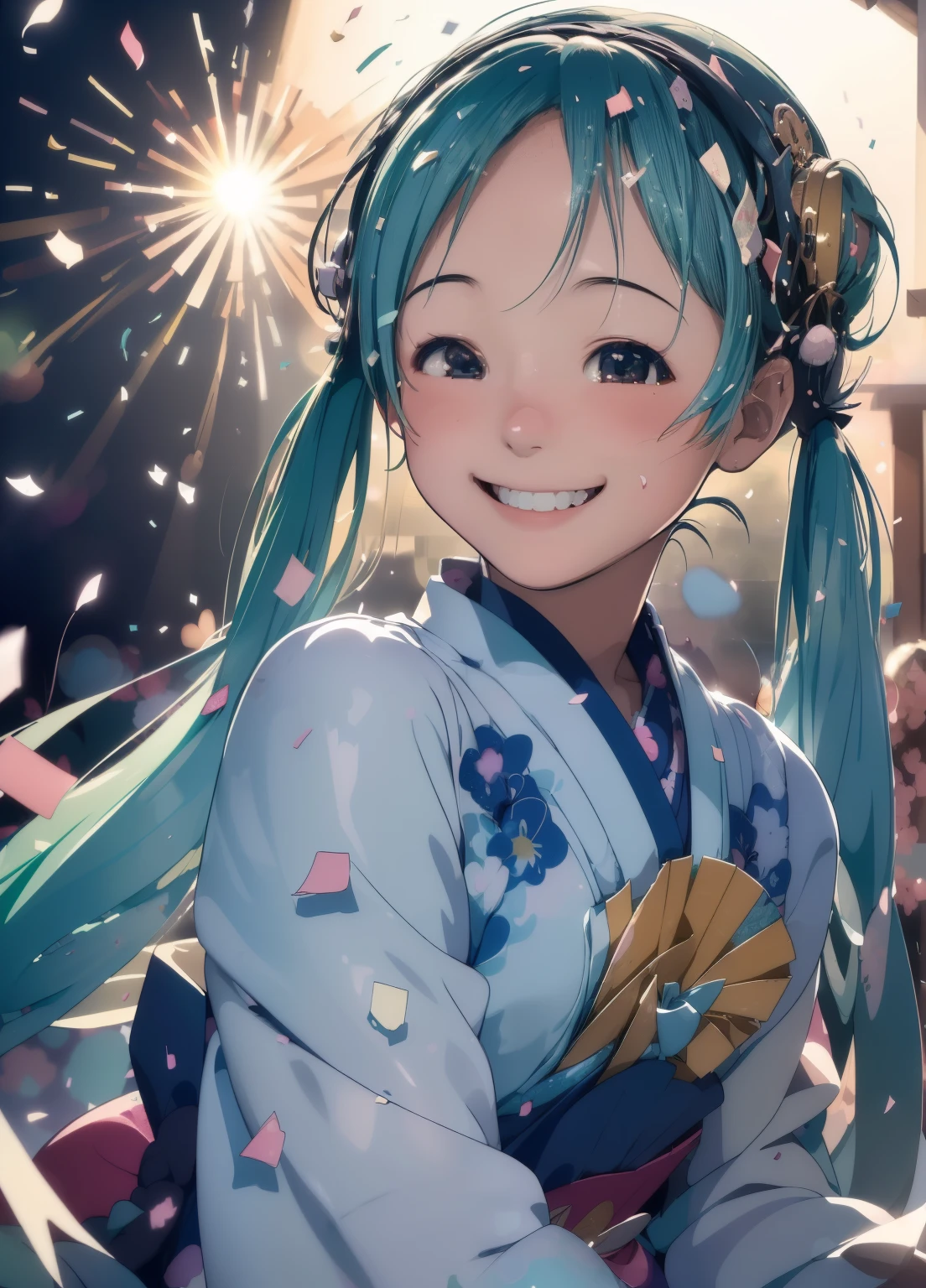 (masterpiece、Highest quality、Highest quality、Official Art、Beautiful and beautiful:1.2)、(One person:1.3)Hatsune Miku、Twin tails,Beautiful breasts, Katsushika Hokusai,(cute:1.3),(smile:1.3),(smile:1.25),(A bright and cheerful atmosphere、Confetti and spotlights shining:1.35),(Face close-up:1.25),