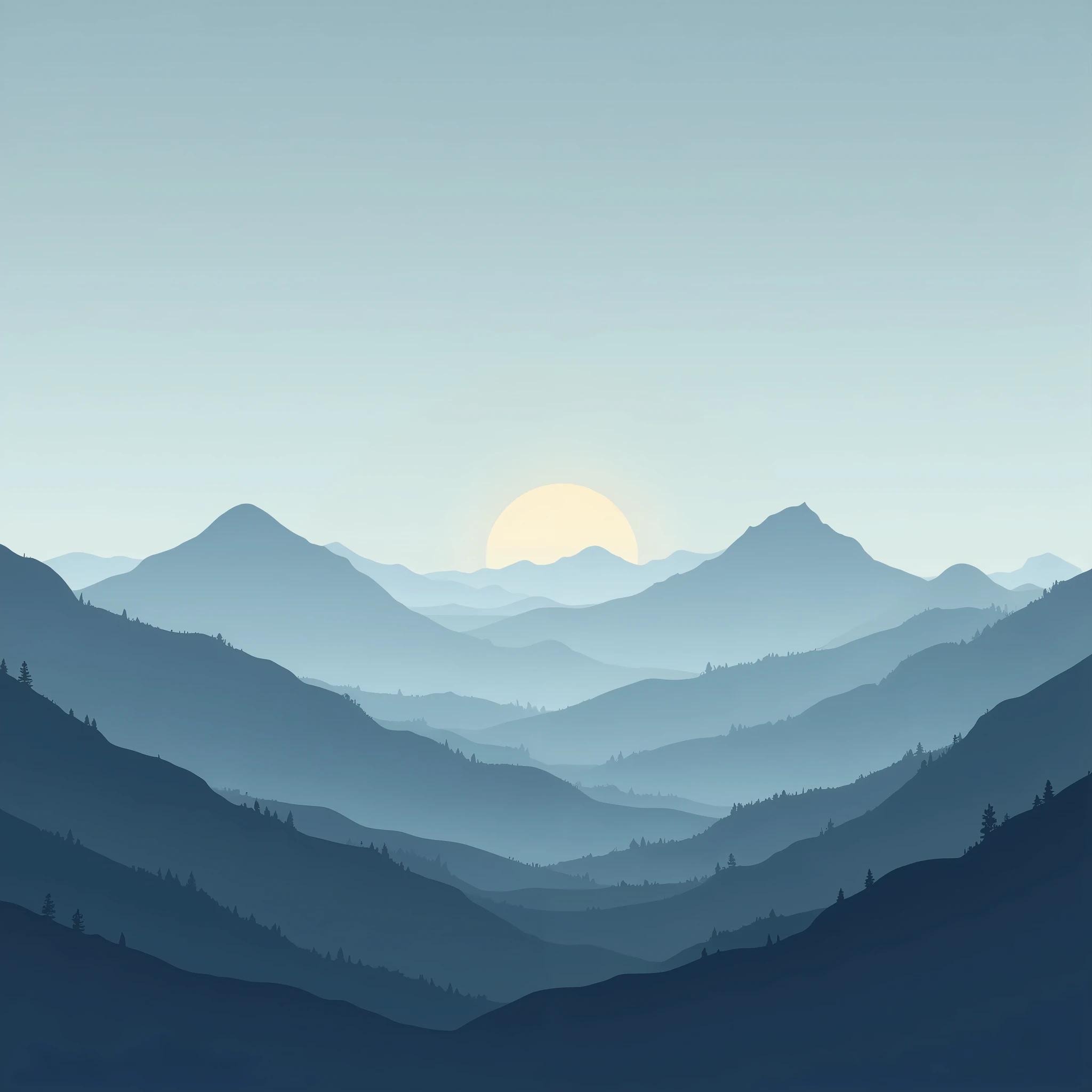 A minimalist landscape design , showcasing a serene mountain range with a simple color palette in shades of blue and gray.