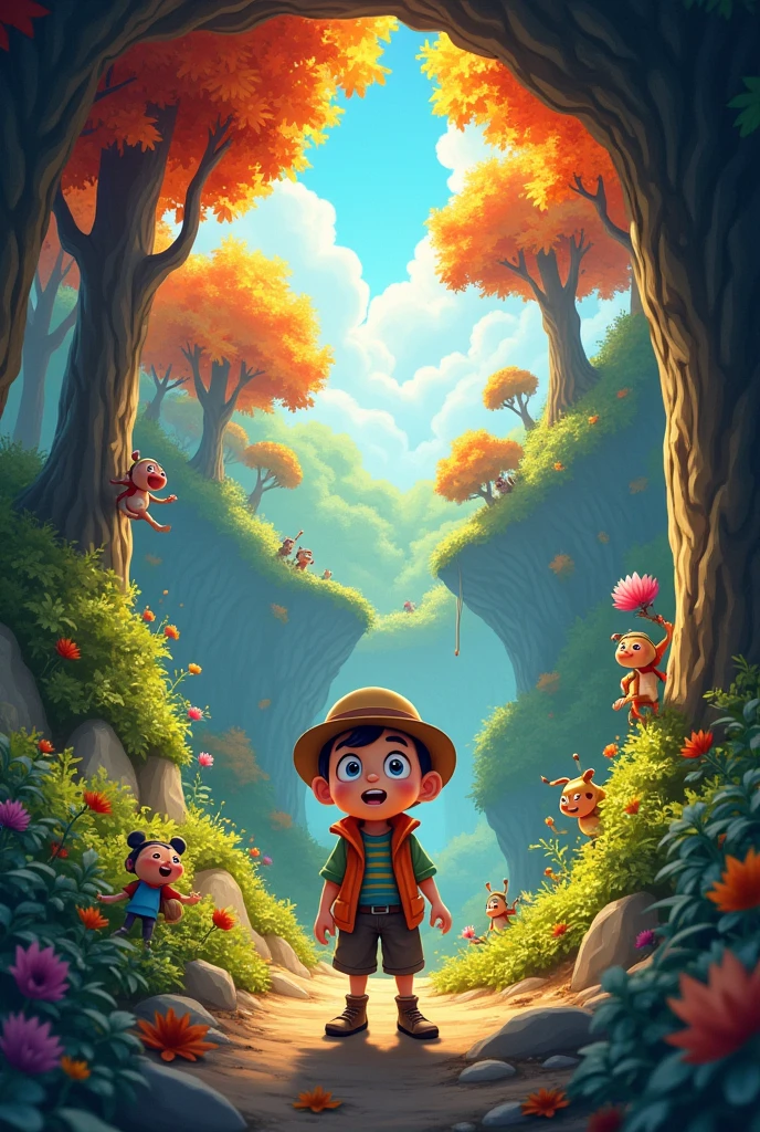 Make this same character standing, outside the cave seeing the colors of the world and the people, Show him surprised. Do this in cartoon form.