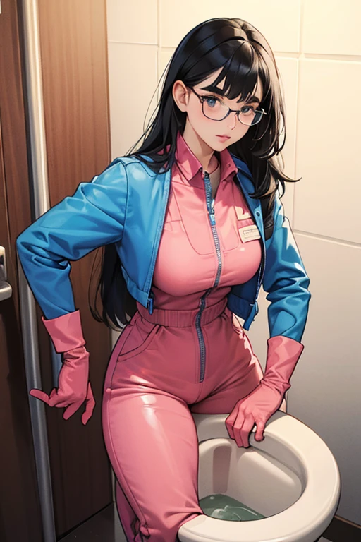 A black-haired, freckled girl with glasses wearing large pink rubber gloves and a blue long-sleeved jumpsuit Thick eyebrows Dirty toilet