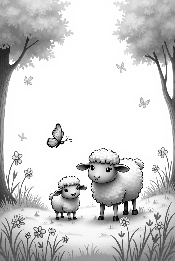 A black and white drawing of cute and happy baby sheep with their mother in a field with trees and flowers., as if they were cartoon characters 