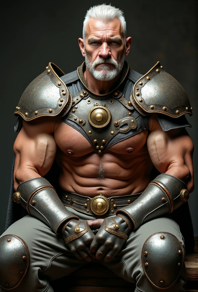 A mature muscular man，50yearsold，whaite hair，buzz cut, Well-developed muscles，vast pecs，Broad shoulders，Huge crotch bulge，Bare pectoral muscles，Open top，shorter pants，Steampunk-inspired armor，full bodyesbian，in a panoramic view，Sit Pose，High- sharpness，High Picture Quality，intricately details，tmasterpiece