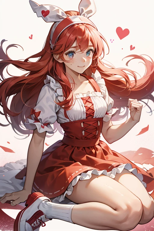 Stacey Cakes has ombre hair, tanned skin, and freckles.
She wears a white top with red ruffle sleeves, a red and pink skirt, and white shoes with red straps. Her headband has white and red hearts. SPARKLE; GLITTER