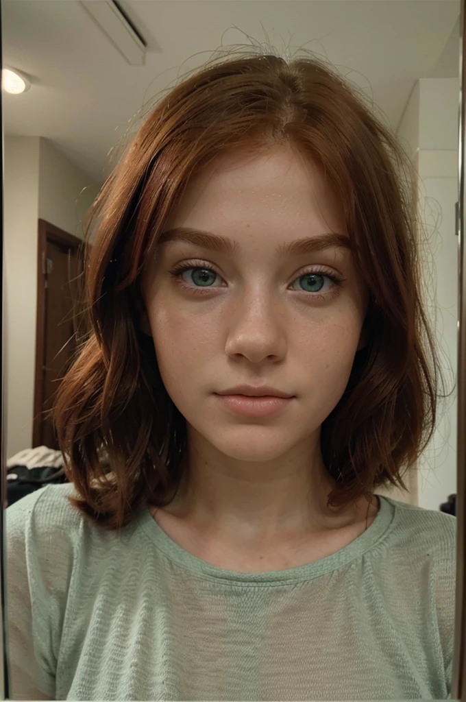 (beatiful,very realistic,16-year-old,,green eyes,redhead,realistic perfect face,more details in face and clothing)Front in the mirror