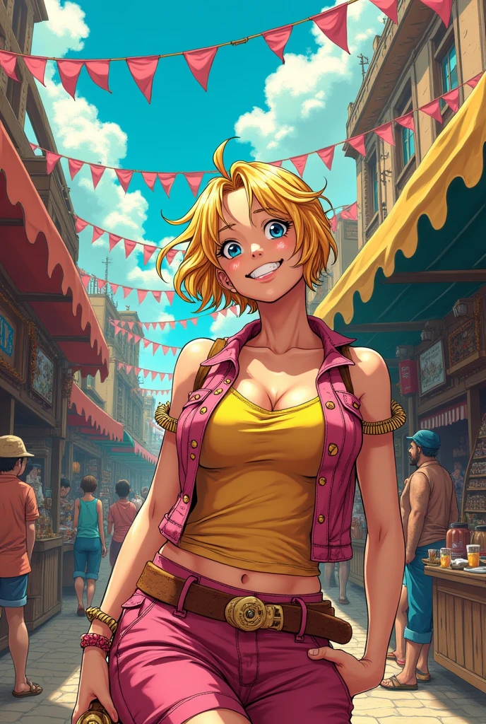 make me a colored manga panel one piece woman with short blonde hair, dark eyes and chubby