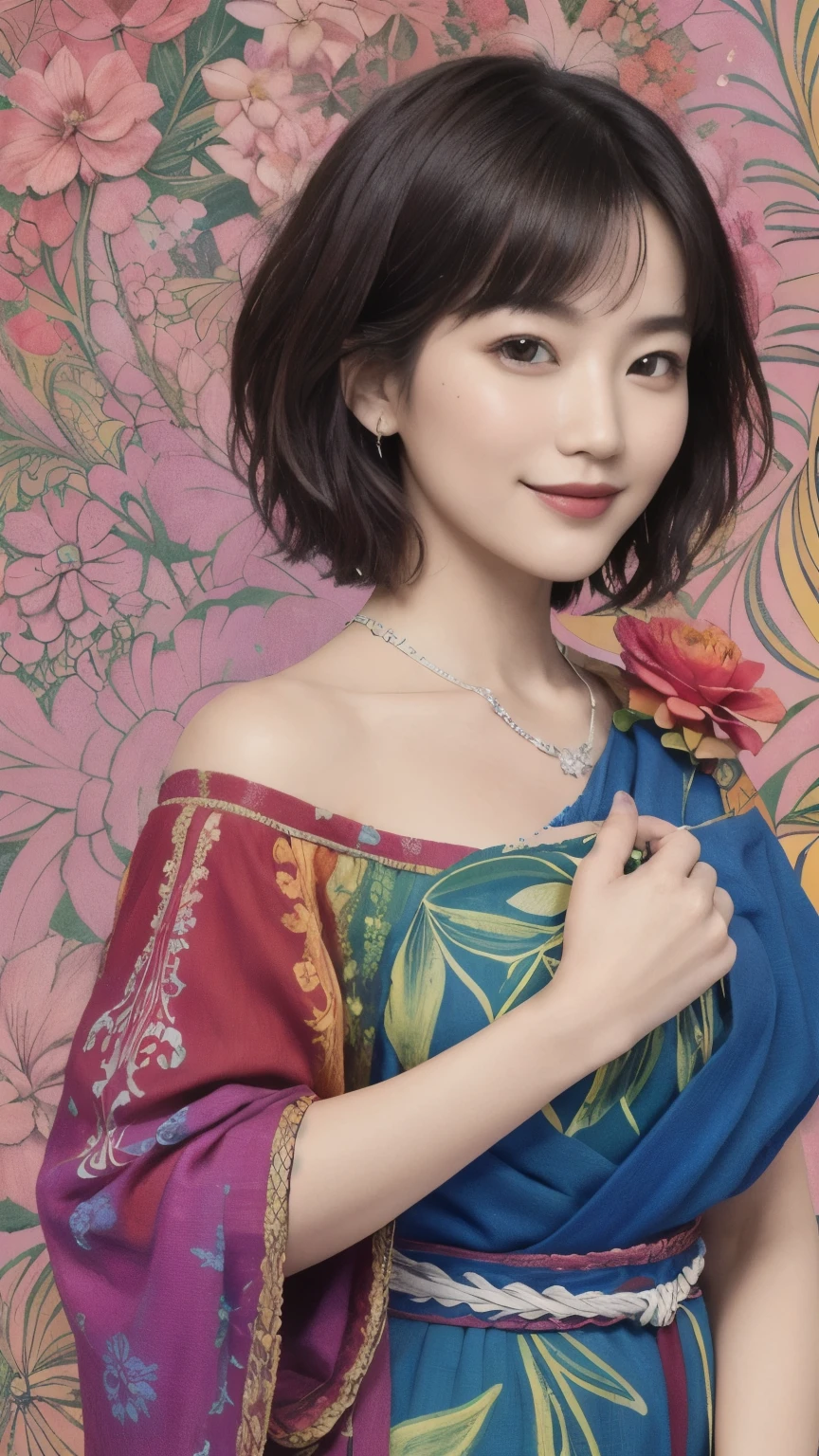 272 (20-year-old woman,Short Hair), (masterpiece, Highest quality, aesthetic:1.2), Very detailed, (Fractal Art:1.1), (colorful:1.1), (flower:1.3), whole body, (Abstract background:1.3), (Many colors:1.4), (Archaic Smile), (Hawaii)