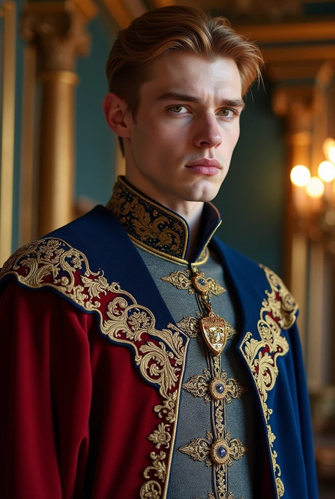 21 year old handsome man, a tough but handsome profile, whitish skin, copper blonde hair and well combed, amber eyes, unfriendly face, in a king&#39;s outfit.