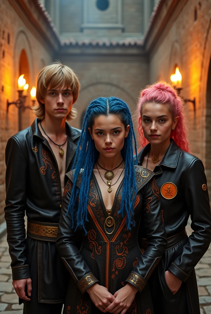Make a young blonde man with medium hair,And make Lily Collins, and a man with blue dreadlocks, with demonic symbol marks, and a slightly chubby woman with pink fluffy hair, make them in black and orange medieval-style clothing, with a planet logo badge