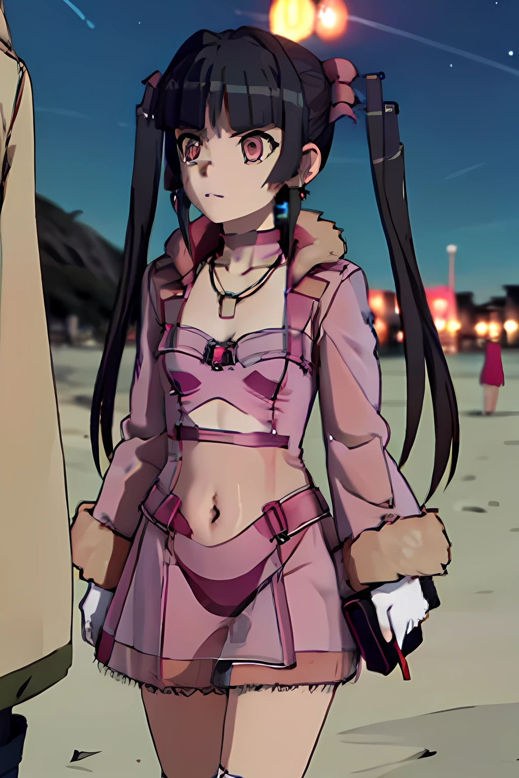 Tsukiyomi tone, One person, alone, Pink sheer bodycon, Pink sheer micro dress, Twin tails,necklace, Earrings, belly button, Face Focus, Fur coat, Face Focus, Night Sky, Beach
