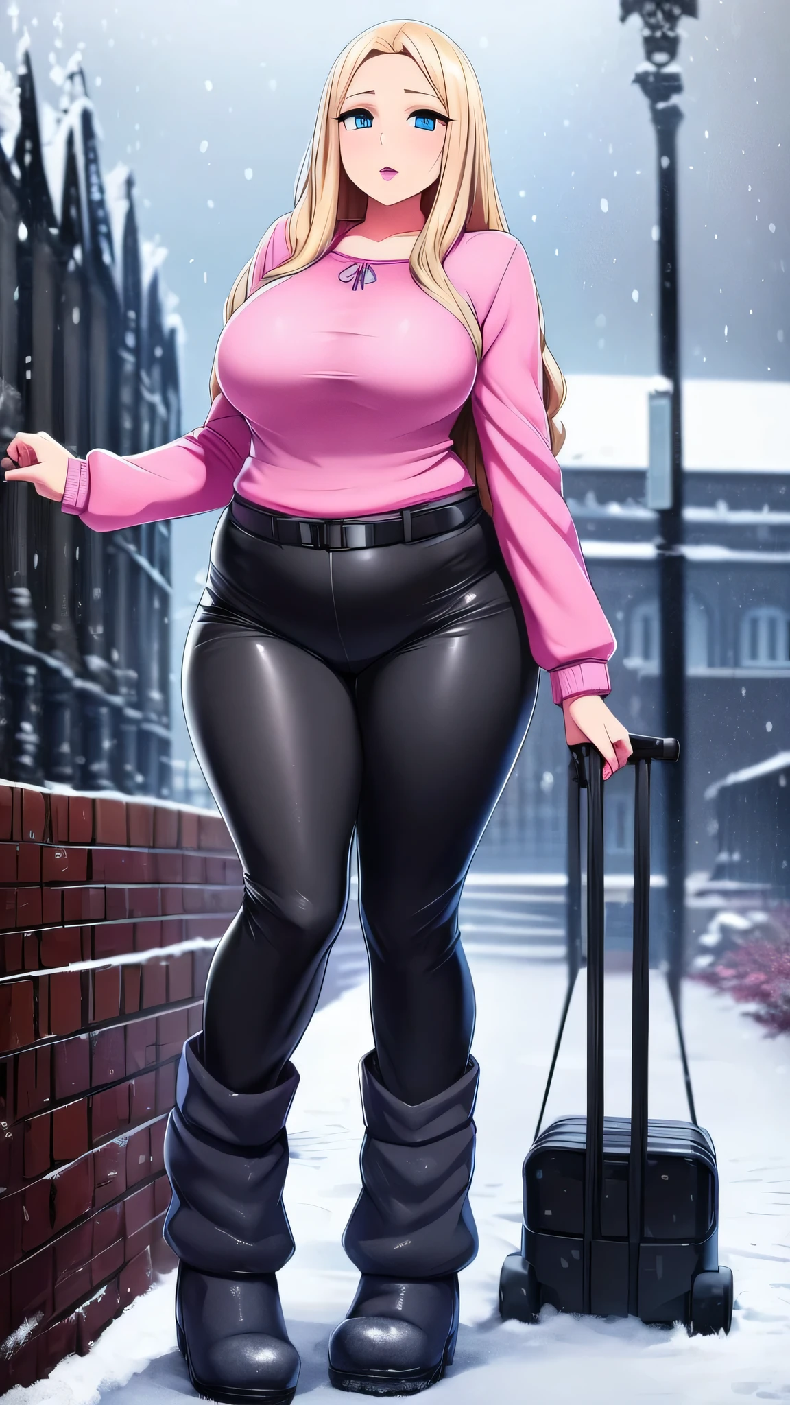 A beautiful sexy Russian girl with big breasts, beautiful long wavy straight blonde hair, blue eyes, and bright pink lips. She is wearing a gray fleece blouse, overweight, and black metallic pants, blue fleece socks, and snow boots.