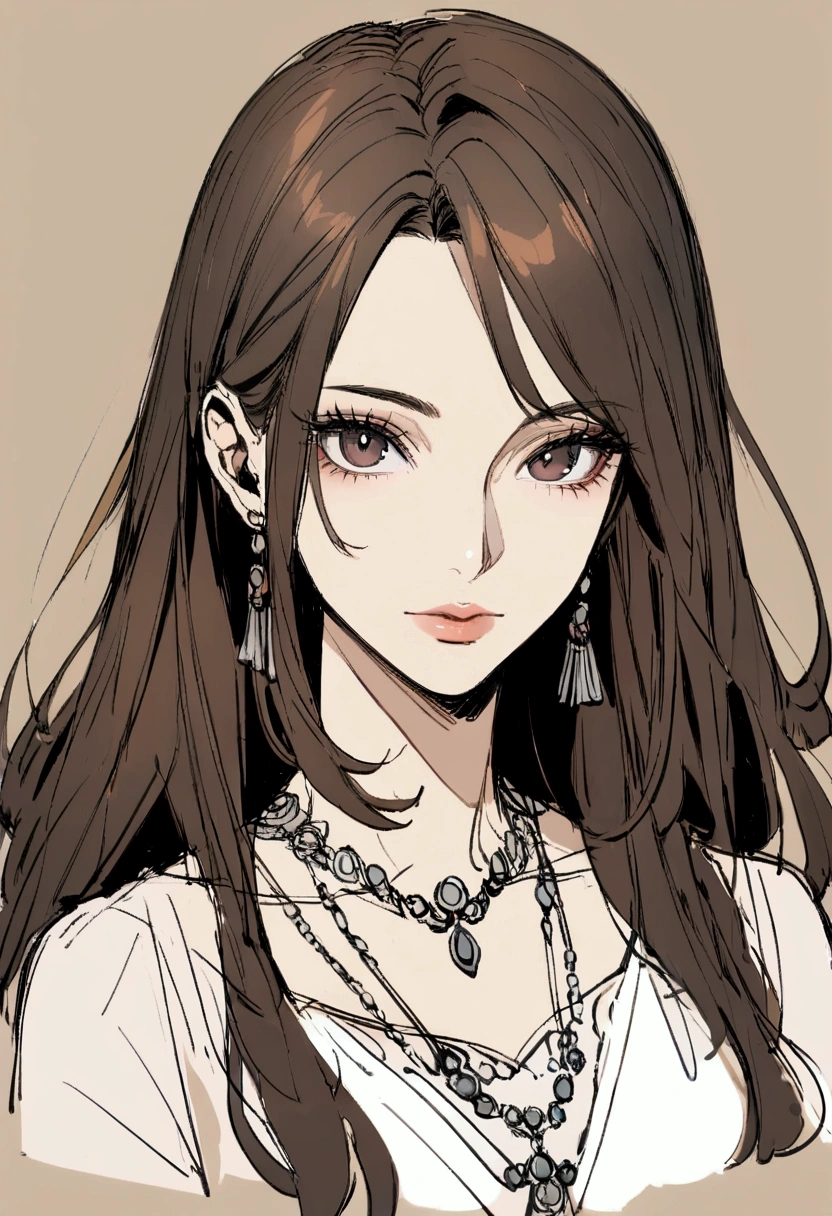 slender, mature female, rating:safe, 1girl, solo, lips, long_hair, black_eyes, bangs, black_hair, dress, upper_body, brown_hair, jewelry, closed_mouth, nose, looking_at_viewer, eyelashes, brown_eyes, collarbone, necklace, sketch, mole