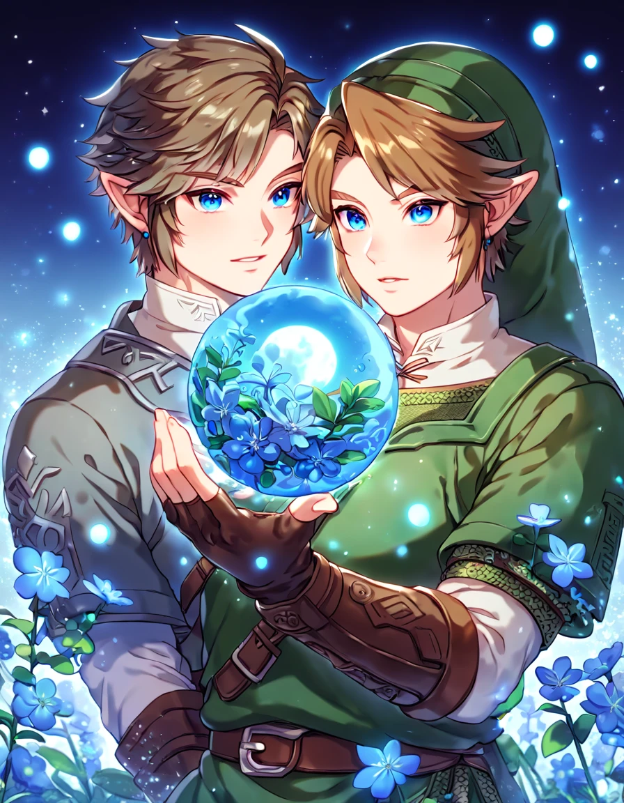 absurdres, highres, ultra detailed, HDR, master piece, Link, brown hair, expressive blue eyes, green tunic, green hat, brown gauntlets, The Legend Of Zelda (Twilight Princess), sexy man, best quality, blue moon, flowers, fantasy, magical, sensual, handsome, water, blue shining fireflies, blue petals, manly man, detailed eyes_XL