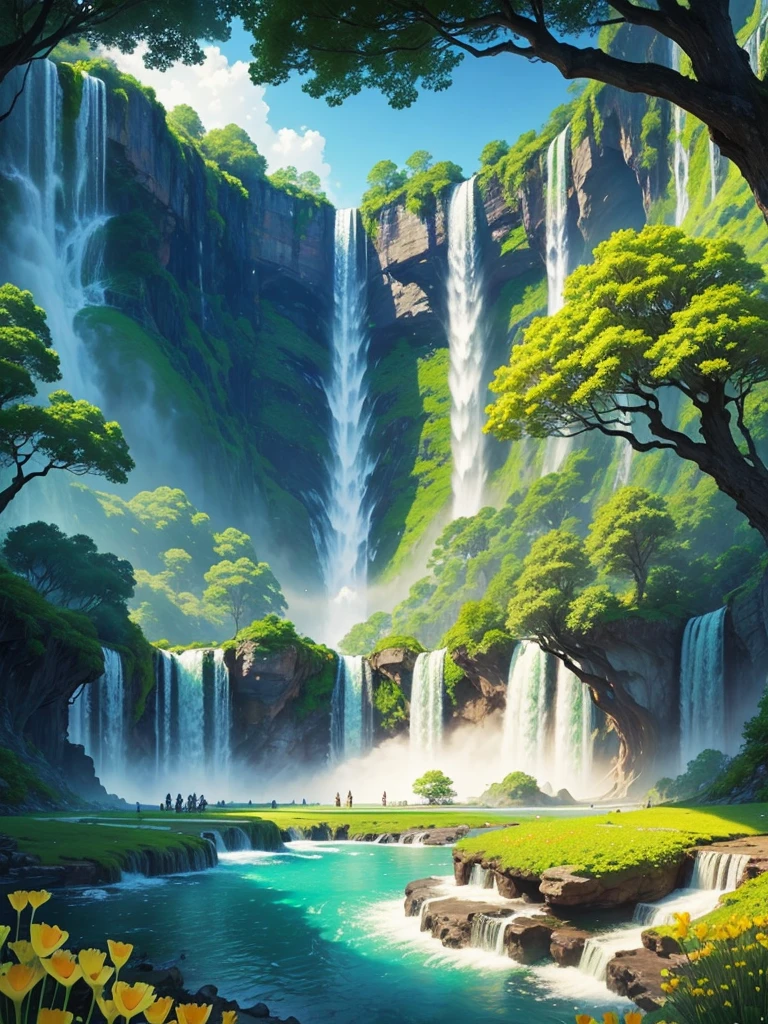 a massive field of giant flowers, a towering ginkgo tree, mystical, fantastical, massive waterfall, beautiful scenery, grand vista, gorgeous river, paradise, dream world, rainbow in the sky, otherworldly, romantic, perfect