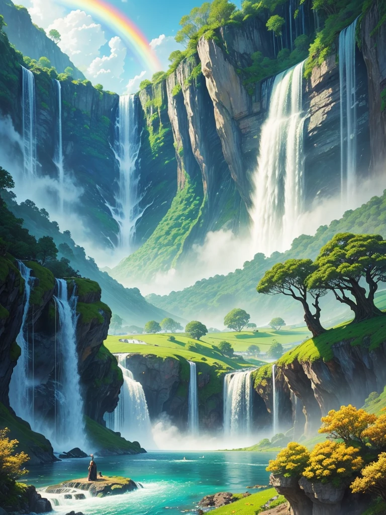 a massive field of giant flowers, a towering ginkgo tree, mystical, fantastical, massive waterfall, beautiful scenery, grand vista, gorgeous river, paradise, dream world, rainbow in the sky, otherworldly, romantic, perfect