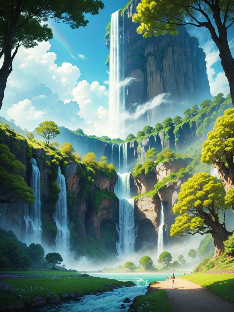 a massive field of giant flowers, a towering ginkgo tree, mystical, fantastical, massive waterfall, beautiful scenery, grand vista, gorgeous river, paradise, dream world, rainbow in the sky, otherworldly, romantic, perfect