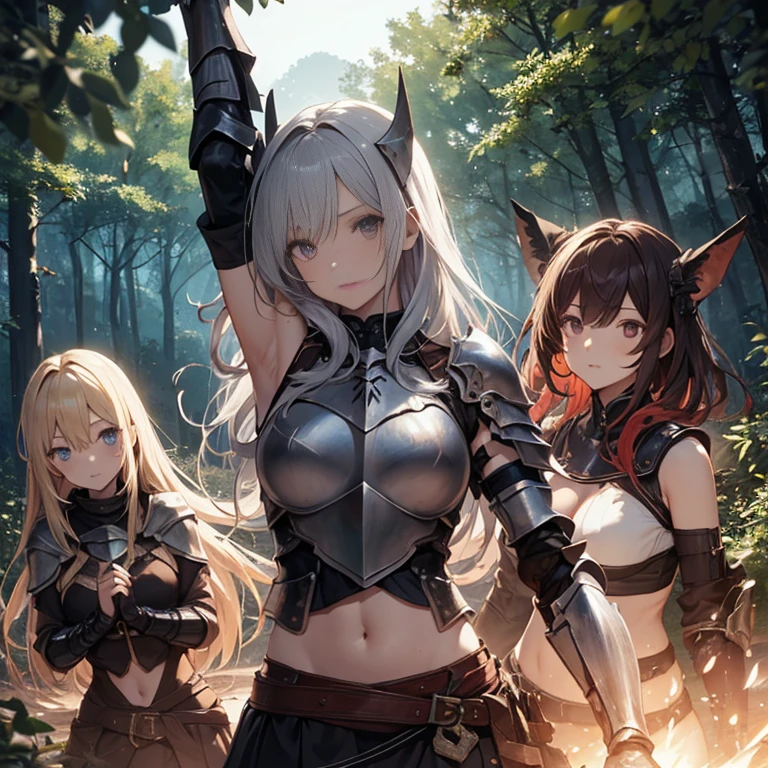A group of female knight, (in forest), various hair styles, harem, wearing armored clothes, metal armor, night, details face, , short skirt, seducing, sword, showing armpits, sleeveless, midriff
