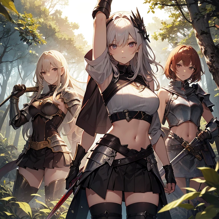 A group of female knight, (in forest), various hair styles, harem, wearing armored clothes, metal armor, night, details face, , short skirt, seducing, sword, showing armpits, sleeveless, midriff