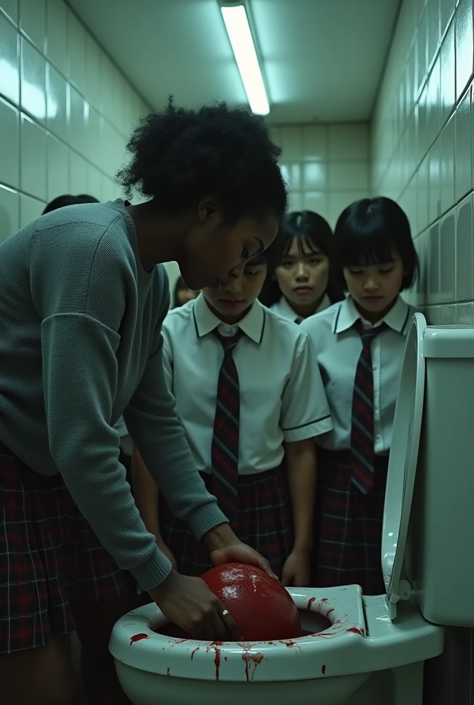 Group of school girl killers in skirts. long. Black woman in grey sweater putting dead boy's head down toilet with blood