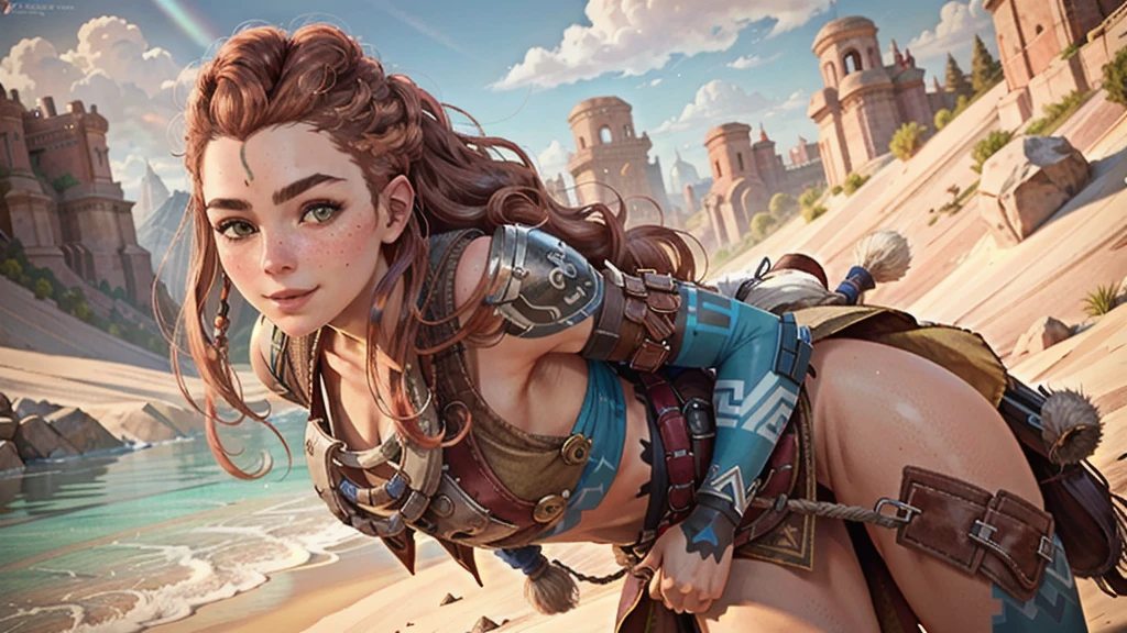 AloyHorizon, solo, long hair, smile, brown hair, hair ornament, navel, brown eyes, weapon, braid, outdoors, parted lips, sky, day, red hair, armor, blue sky, lips, looking to the side, tattoo, looking away, thick eyebrows, shoulder armor, freckles, showing ass, half naked, ((aming with a bow))) 