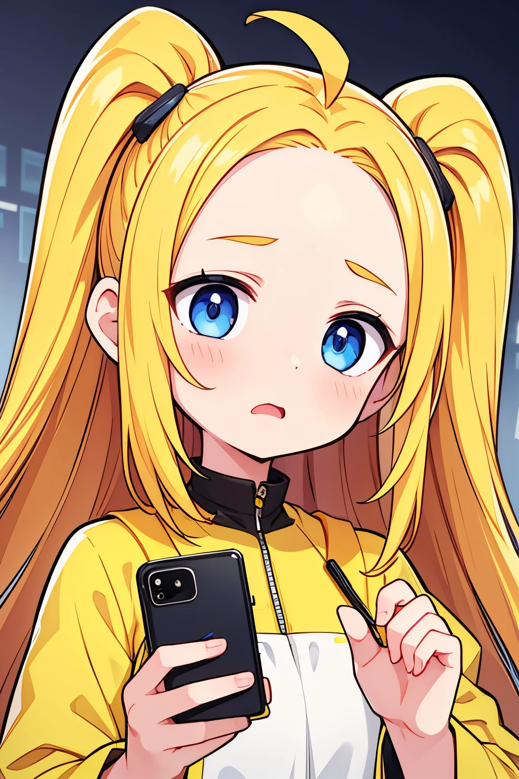 Photorealistic、(whole body、Panic face、hairpin、A hairstyle that reveals a large forehead、A hairstyle parted in the middle、Talking on the phone with a banana-shaped smartphone)