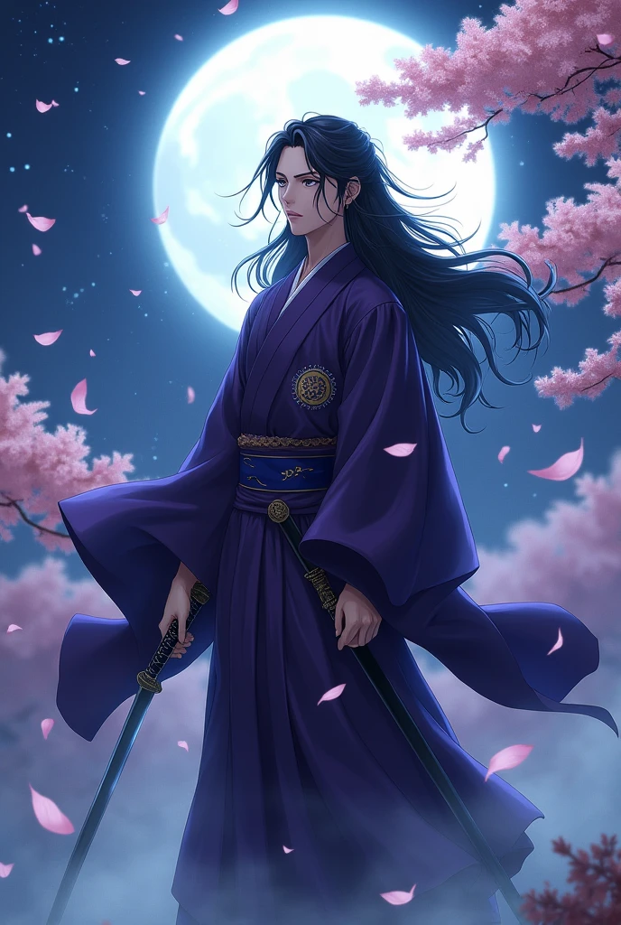 Make a boy with long hair like Yoriichi, com kimono roxo e Haori roxa, in an anime form based on Demon Slayer, What is a moon breathing user, human hunter. He appears to be an adult 