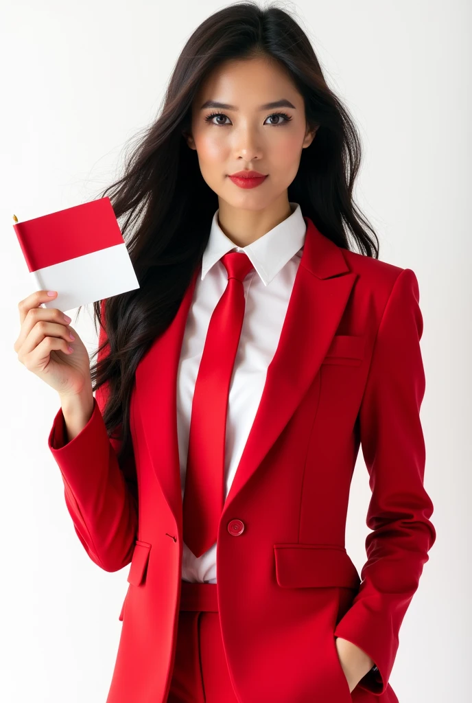 Female model, beauty, long hair, black hair, Earring, blazer red, shirt, tie red, hold the indonesian flag, white background