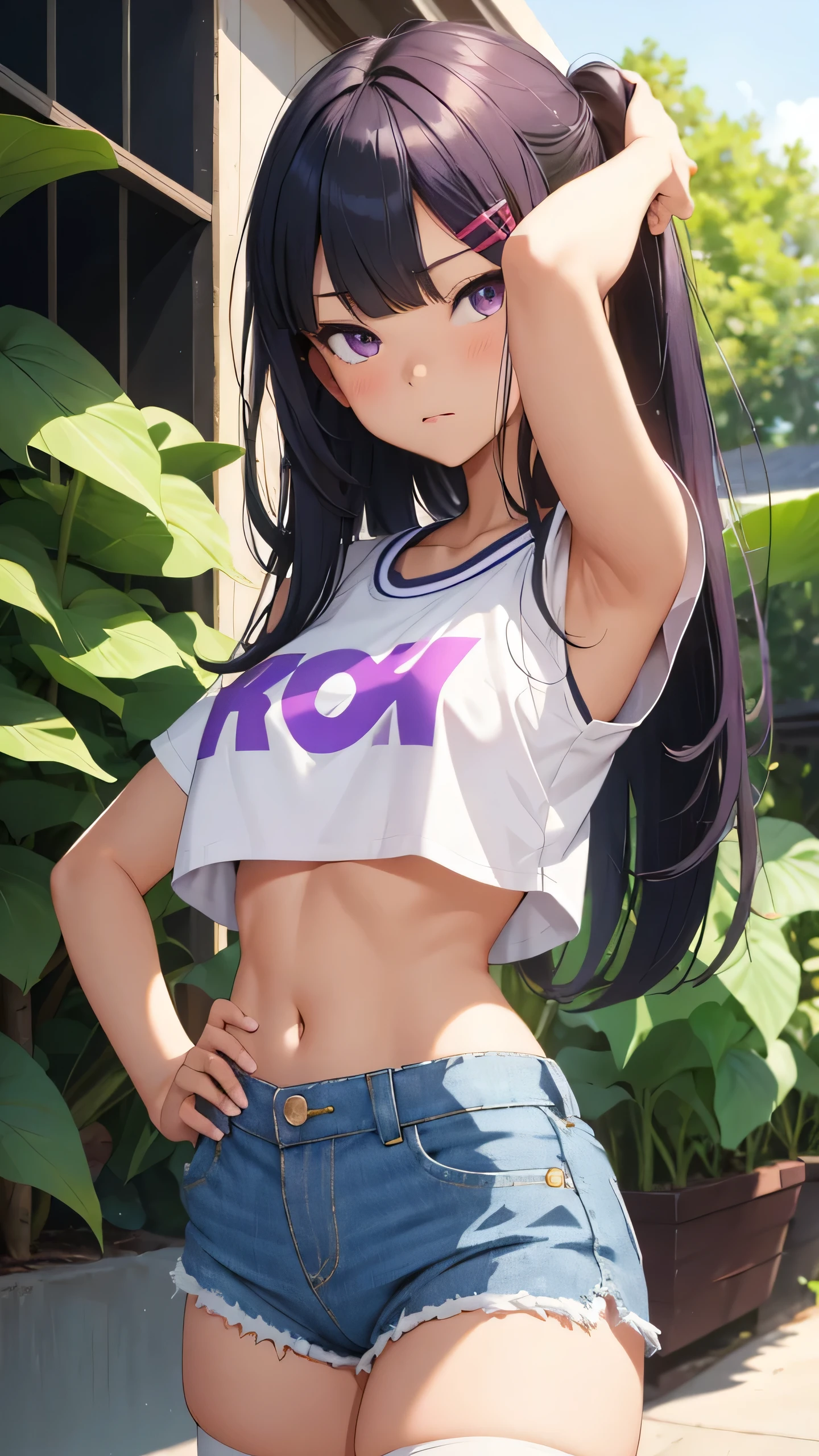 1girl, solo, ((Komi Shouko)), long hair, breasts, looking at viewer, blush, bangs, shirt, purple hair, hair ornament, thighhighs, navel, closed mouth, purple eyes, standing, full body, white shirt, short sleeves, thighs, outdoors, shoes, shorts, day, hairclip, midriff, black thighhighs, stomach, arm up, crop top, short shorts, white footwear, denim, sneakers, blue shorts, denim shorts, hand on own head, crop top overhang, cutoffs