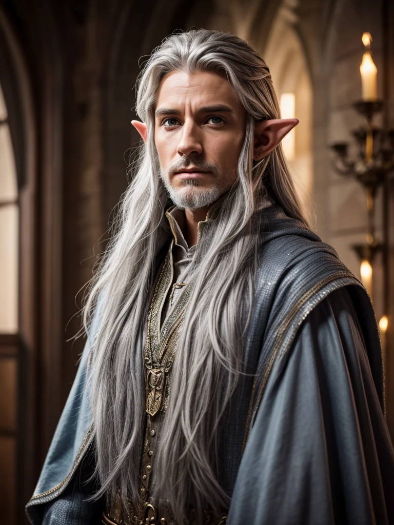 wizard, elf, male, magical, gray hair, in wizard clothes, man, beautiful, young, 27 years.
