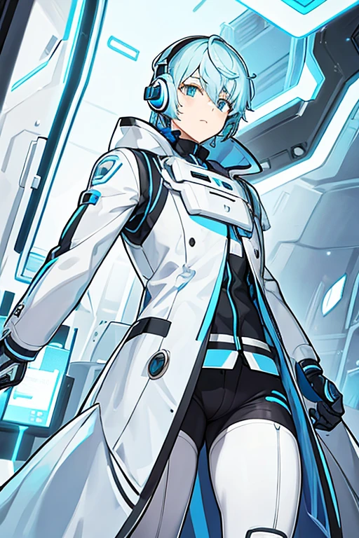 White man robot, short blue hair, white headphones
