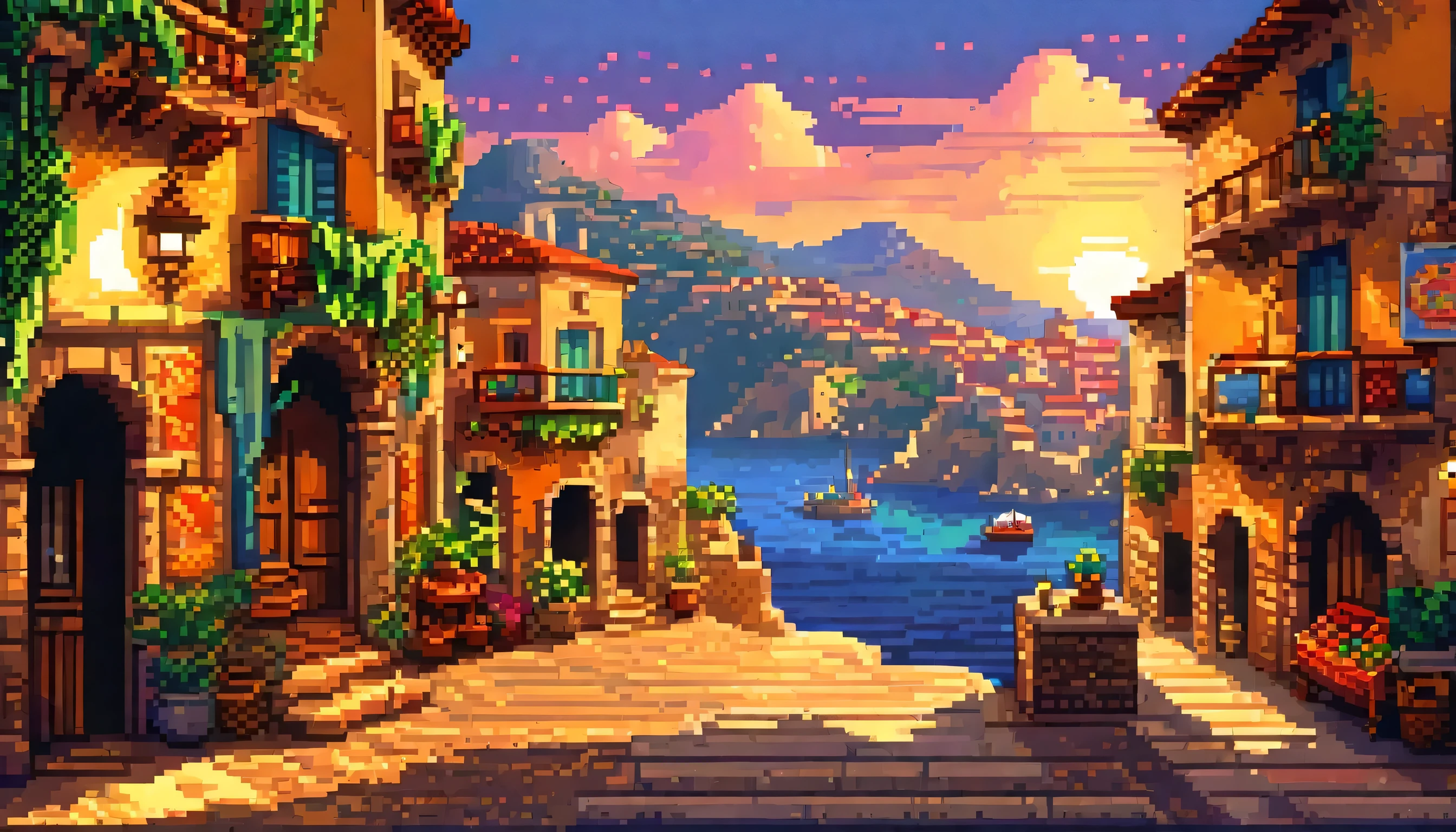 retro vintage game, spain, classic 8-bit pixelated video game, sunset, Thu, detailed pixel art, detailed environmental elements, highly detailed pixel city design, beautiful vivid colors, Immersive atmosphere, small details, nostalgia, (best qualityer, swirly vibrant colors, 8k, high resolution, work of art:1.2),ultra detali,(realisitic,photorealisitic,photo-realisitic:1.4),studio lighting,extremely detailed pixel art,extremly detailed face and eyes,extremely detailed pixel textures,incredibly intricate pixel-level detail,striking colors,swirly vibrant colors,lush pixel environment