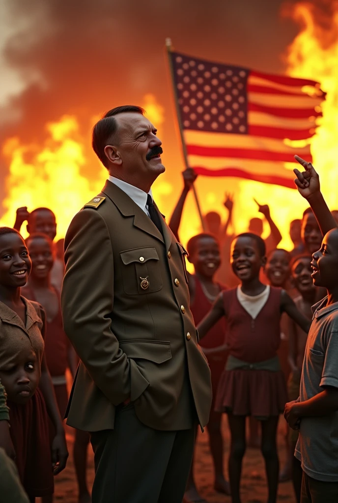 Adolf Hitler surrounded by kids from Africa laughing to a burning in flames USA flag.