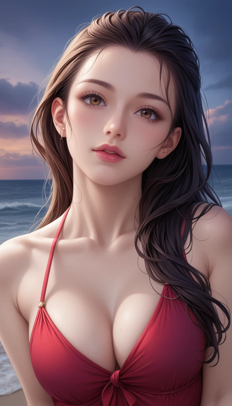 score_9, score_8_superior, score_7_superior, High-resolution CG illustration,A masterpiece in 32K resolution,Highest quality,it is really amazing,Very detailed,Ultra-high resolution,Ultra-realistic,Realistic,Increased depth of field,Cinematic lighting,
Sexy mature Japan woman,
Straight long hair with black hair,Showing his forehead,Ultra-detailed and beautiful face,Calm and gentle look,Beautiful brown eyes,Glossy, moisturized skin,Translucent white skin,Realistic skin texture,Great proportions,
Elegant red swimsuit,
Simple design,Chic color scheme based on red,Detailed fabric texture,
(Dark overcast sky on a dull night:1.1),(Dark clouds filling the sky:1.1),Thundercloud,Coastline at night,Stormy seas,delay々A desolate sandy beach that continues,
Beautiful cleavage,(High angle:1.1),