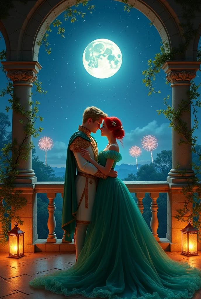 Red-haired princess kisses blond prince on the balcony of a castle room at night